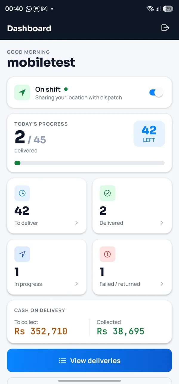 SkyCore Courier app — rider dashboard