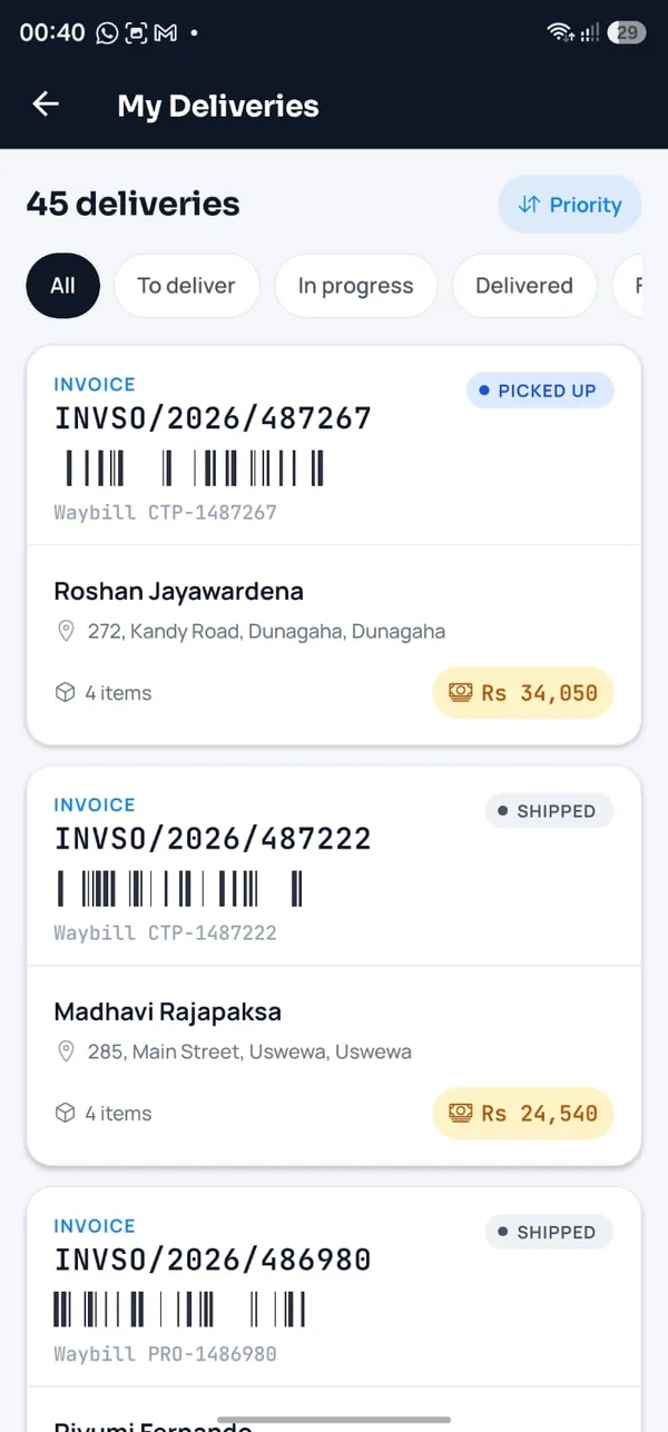 SkyCore Courier app — a rider's delivery list