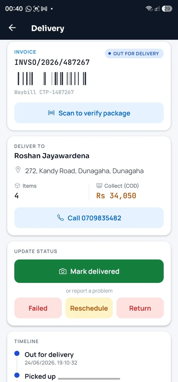 Delivery screen — scan to verify, call customer, mark delivered with a photo, and a status timeline
