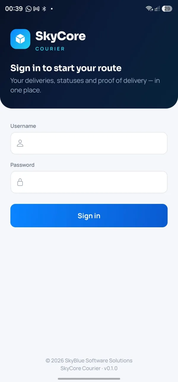 SkyCore Courier app sign-in screen