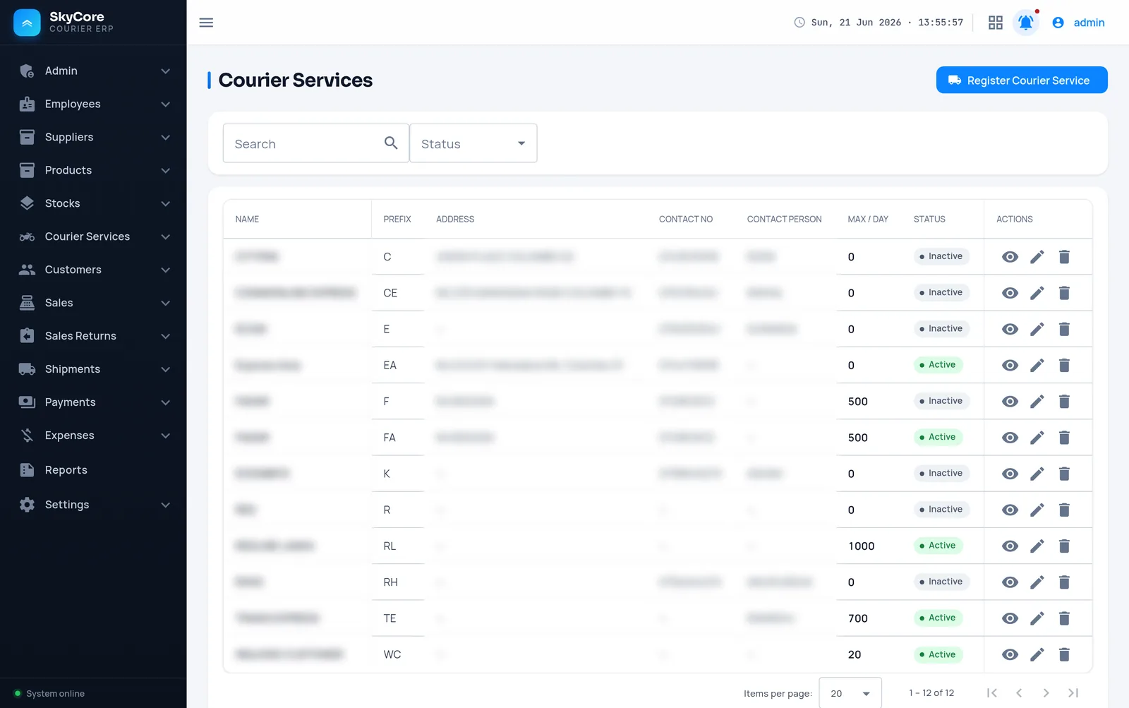 Courier services management screen