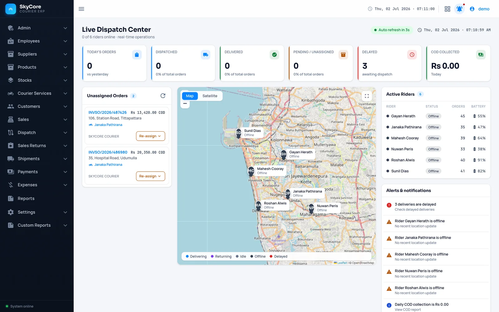 The Live Dispatch Center showing riders on a map with real-time delivery counters