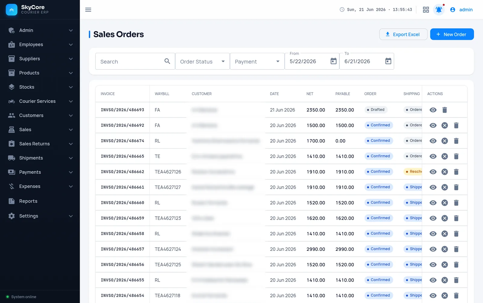 SkyCore Courier sales orders list with status, payment and dispatch columns