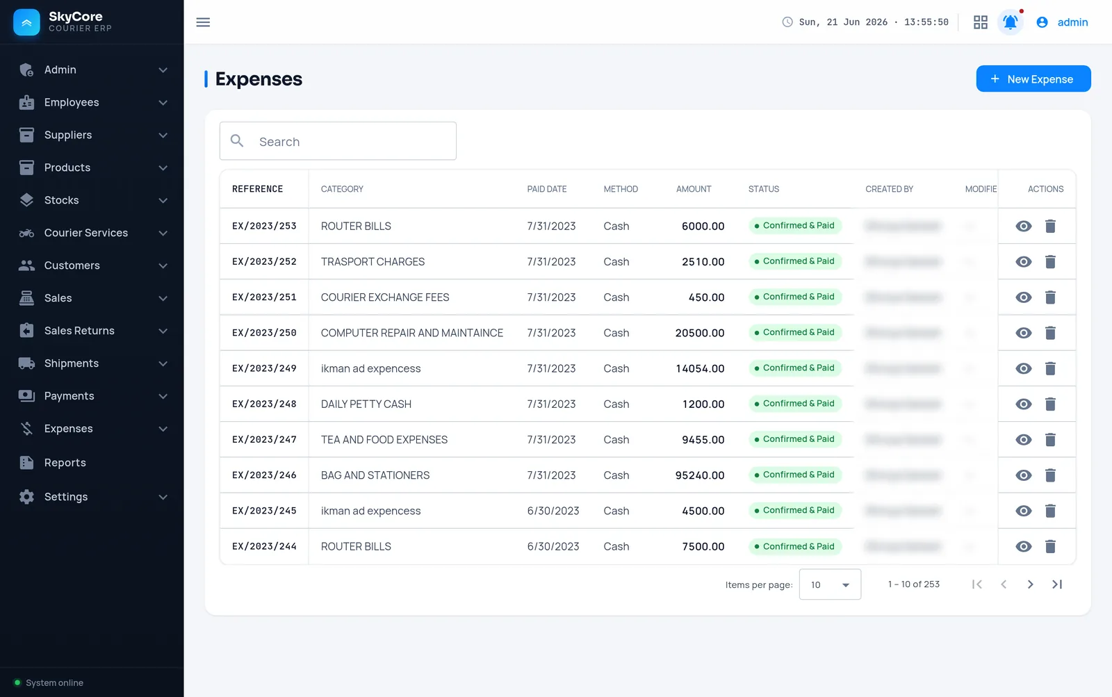Payments list with waybill, amounts and audit columns