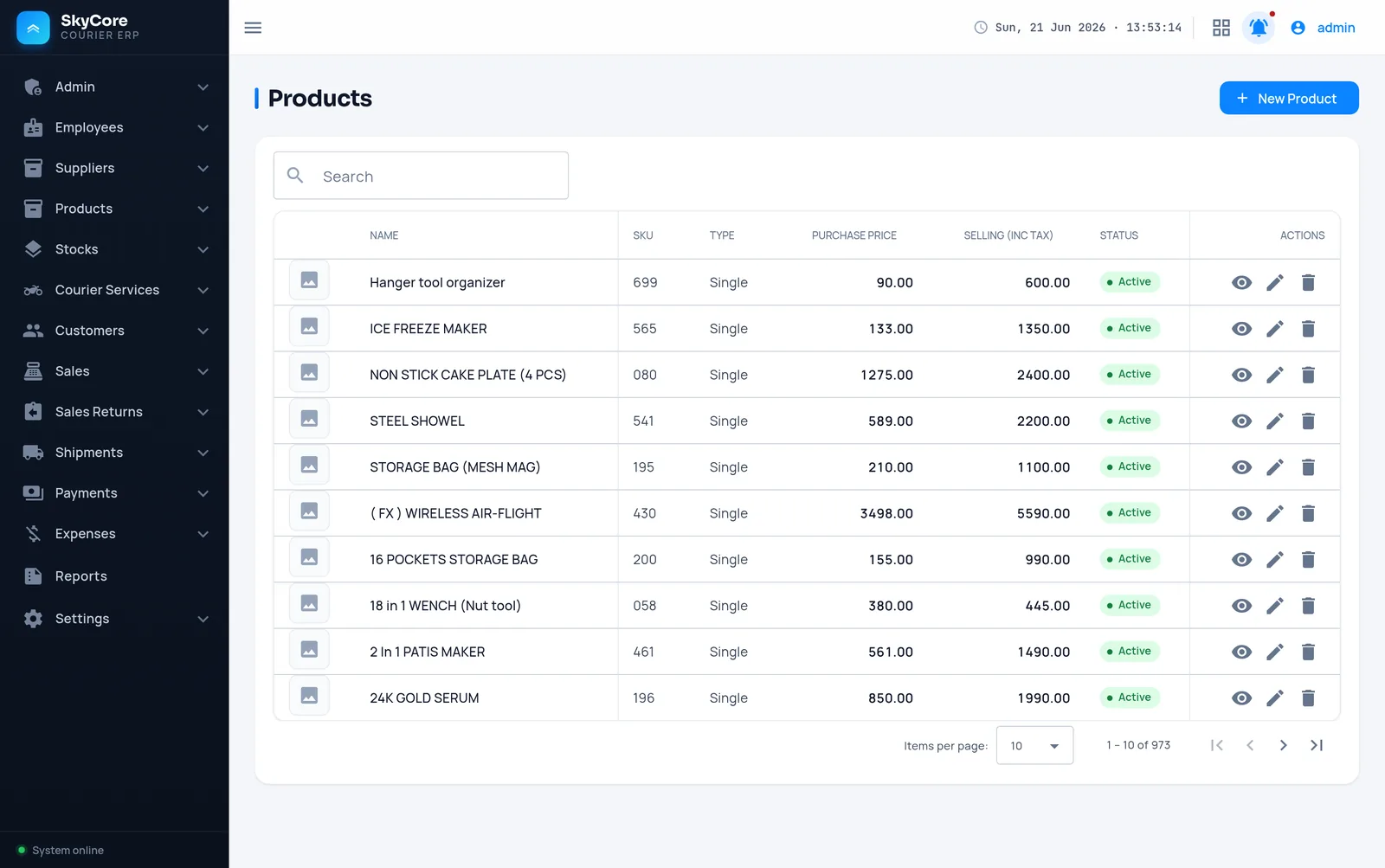 Product catalogue with SKU, type, purchase price, selling price and status