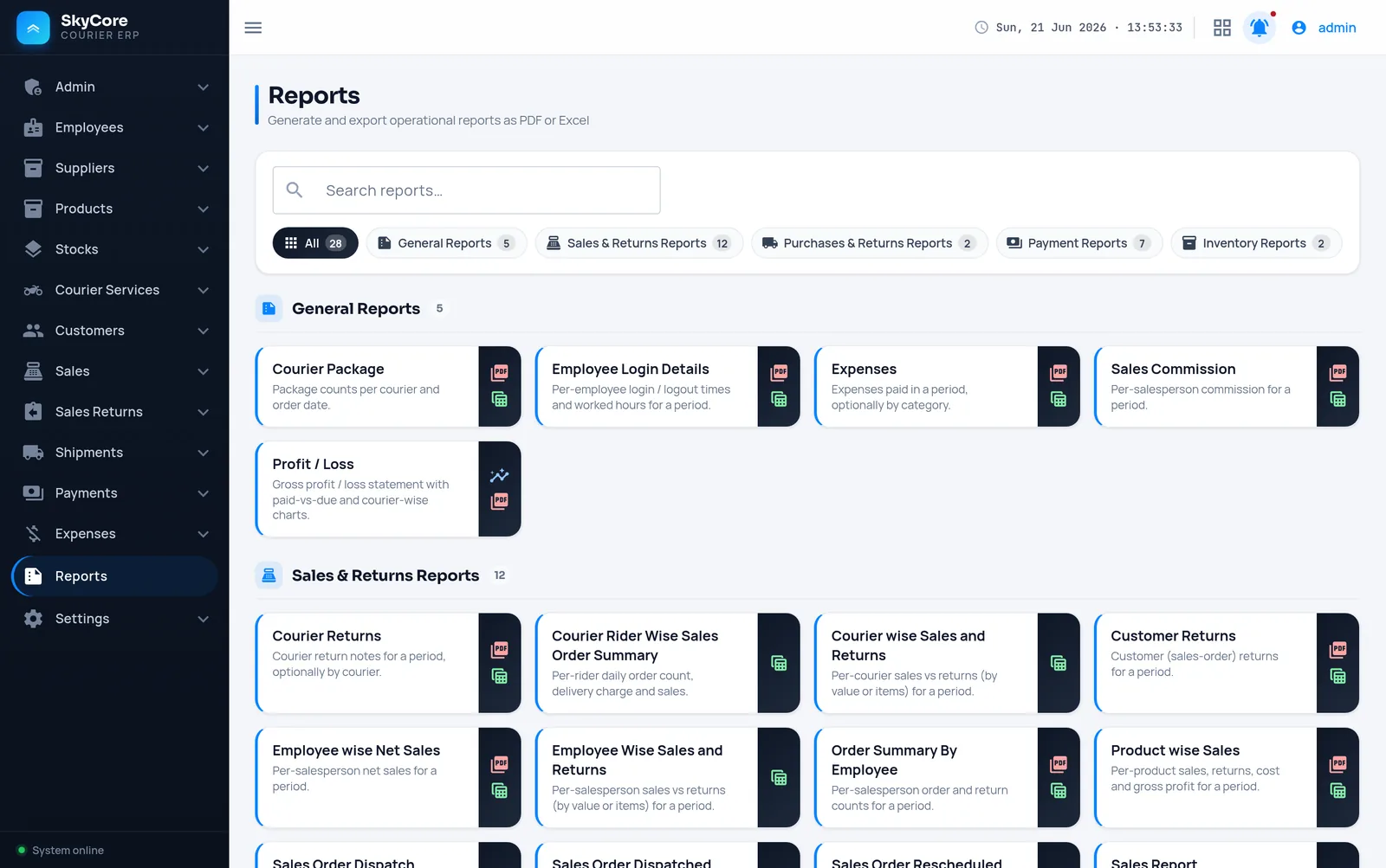 Reports catalogue showing 28 built-in operational reports